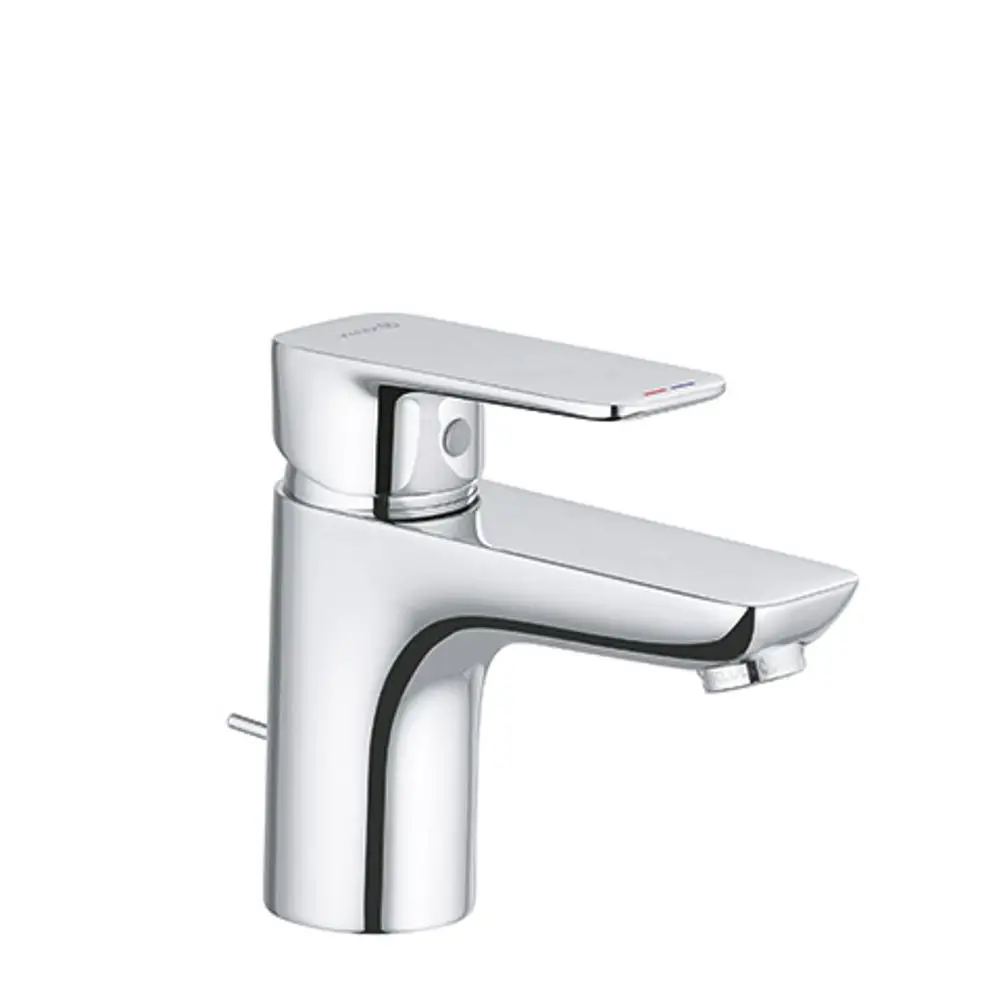 Kludi-Waschtischarmatur mit einem metallischen Auslauf und einem zentralen Hebel zur Einstellung der Wassertemperatur, polierte Chromoberfläche.